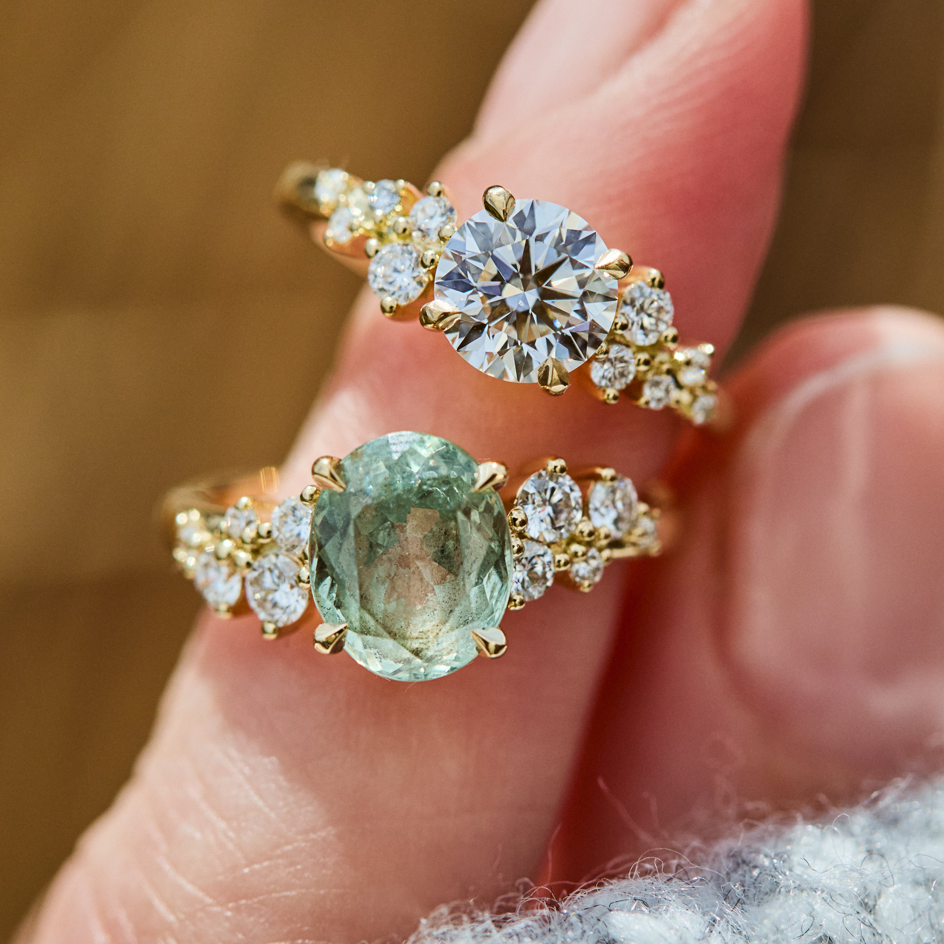 cluster rings set in yellow gold