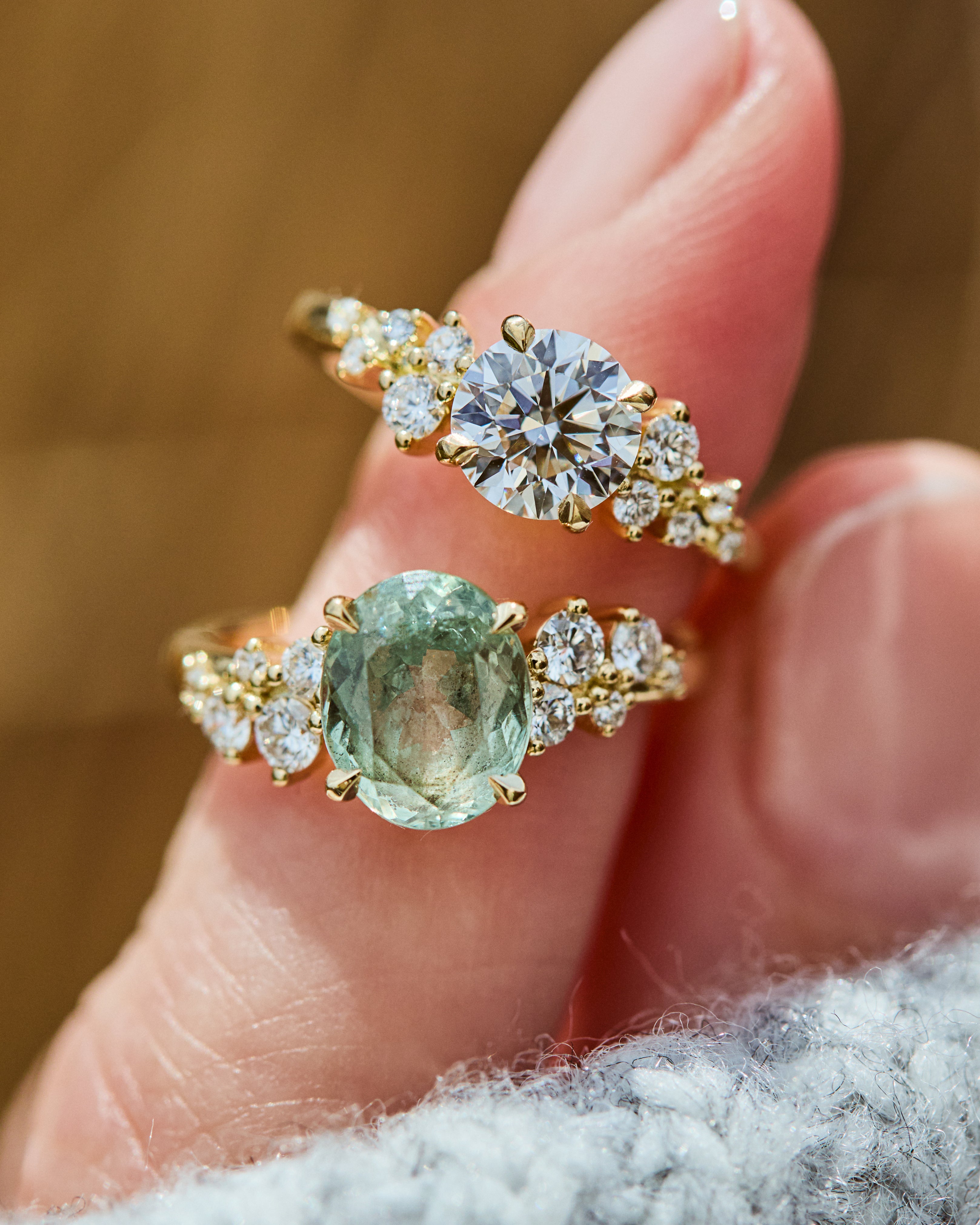 cluster rings set in yellow gold