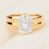 cushion cut lab grown diamond solitaire engagement ring in yellow gold