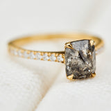 cushion cut salt and pepper engagement ring pave band