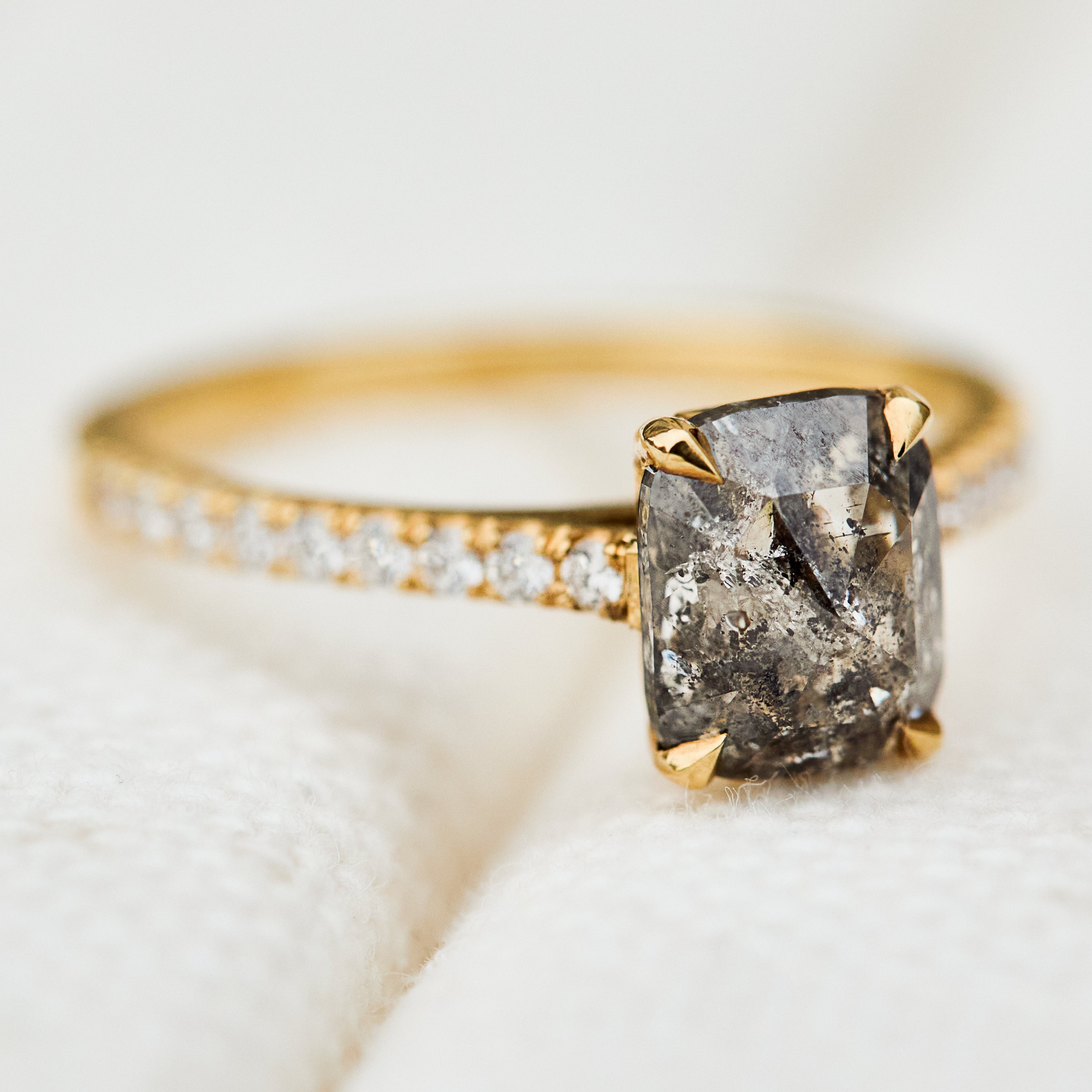 cushion cut salt and pepper engagement ring pave band