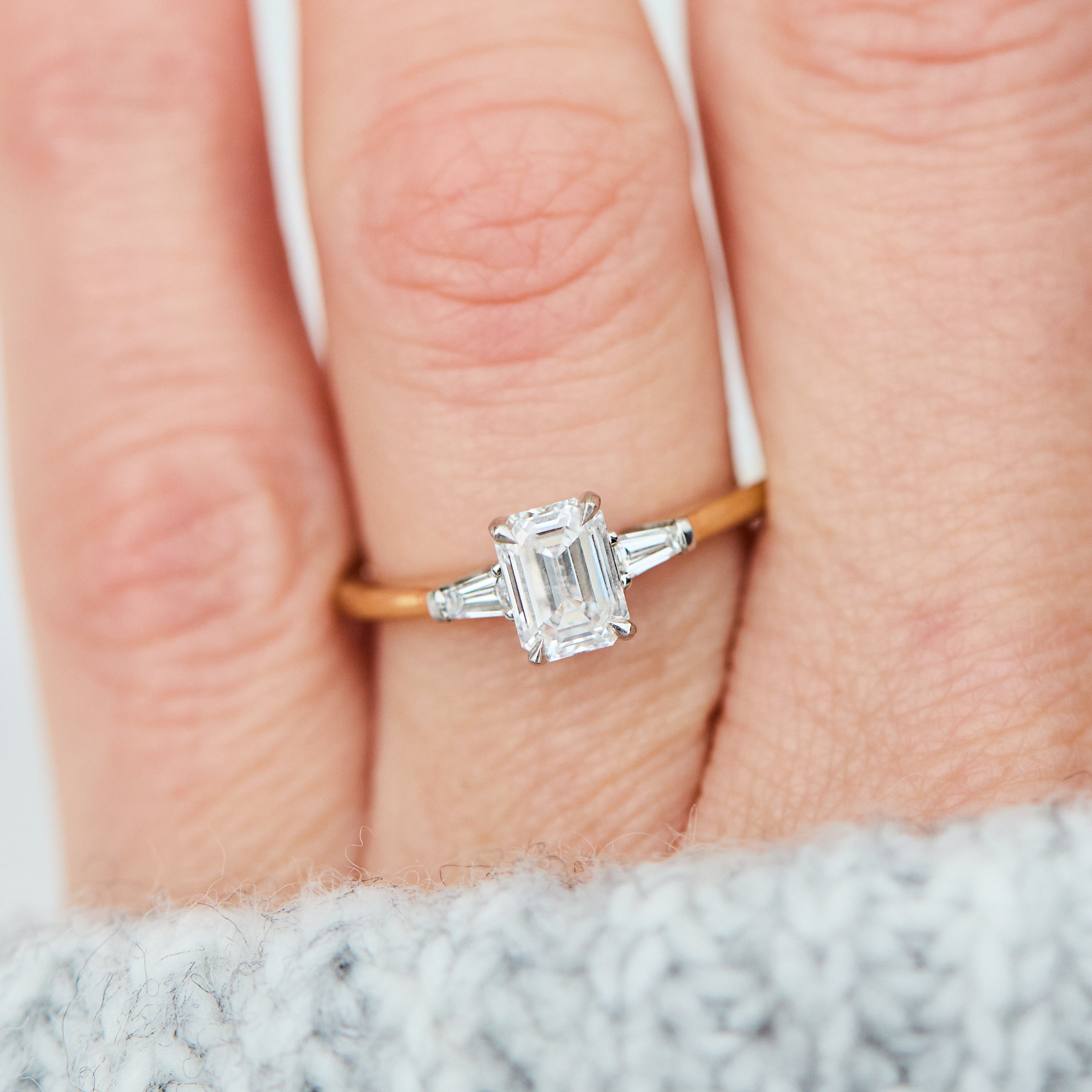 18ct yellow gold emerald cut trilogy lab grown diamond ring UK