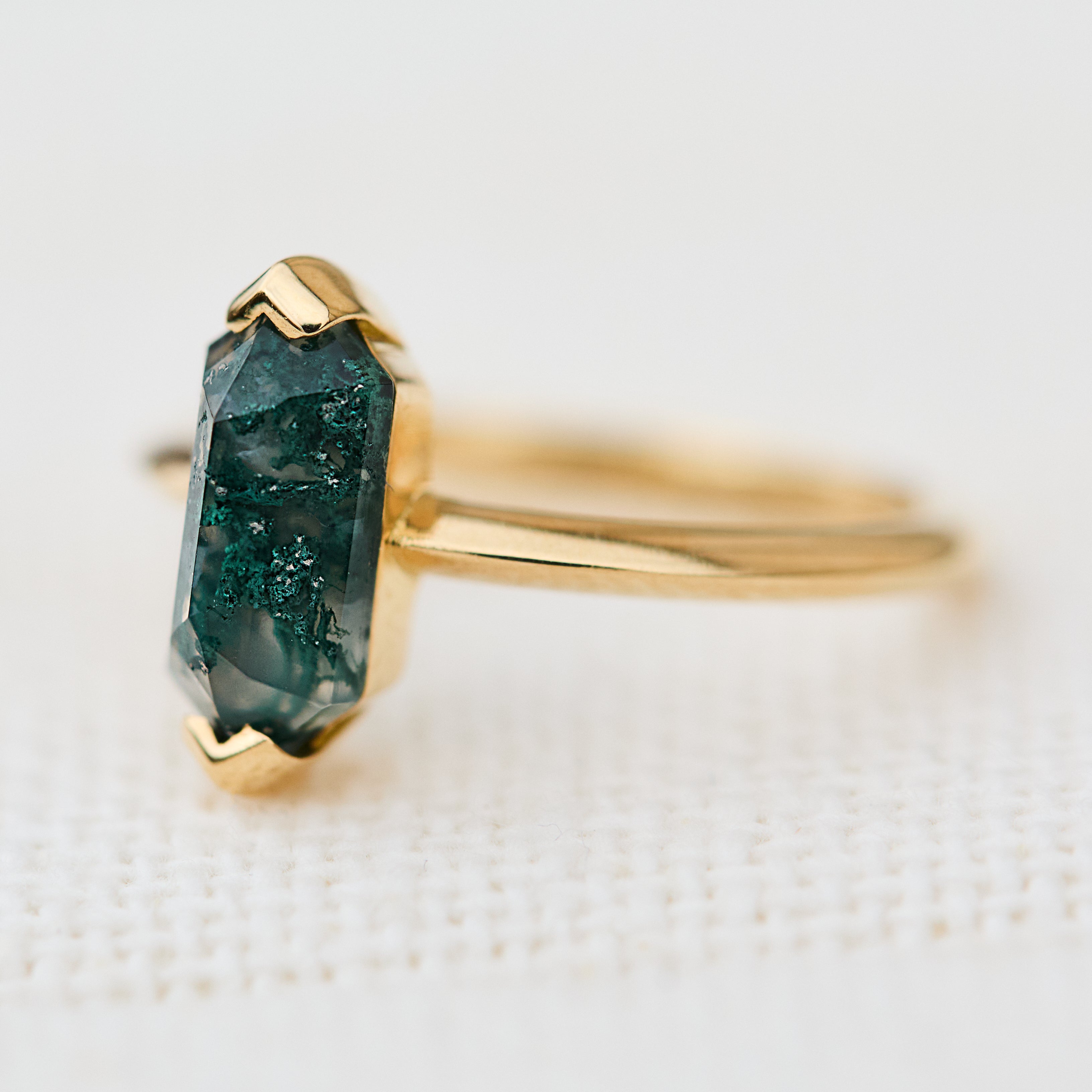 elongated hexagon moss agate yellow gold solitaire engagement ring