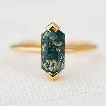 elongated hexagon moss agate yellow gold solitaire engagement ring