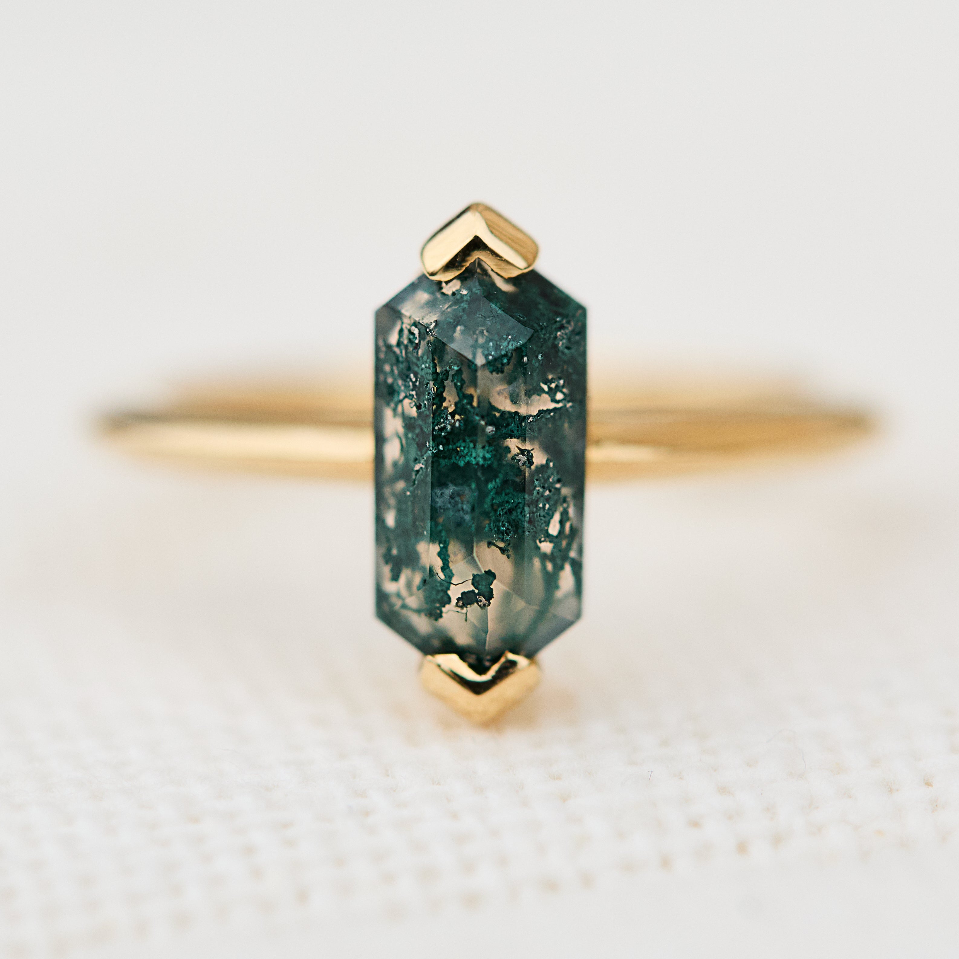 elongated hexagon moss agate yellow gold solitaire engagement ring