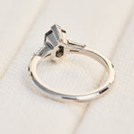 elongated hexagon salt and pepper diamond trilogy engagement ring