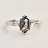 elongated hexagon salt and pepper diamond trilogy engagement ring