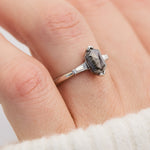 elongated hexagon salt and pepper diamond trilogy engagement ring