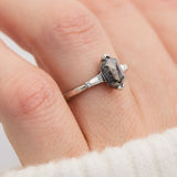 elongated hexagon salt and pepper diamond trilogy engagement ring