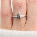 elongated hexagon salt and pepper diamond trilogy engagement ring