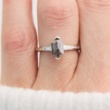 elongated hexagon salt and pepper diamond trilogy engagement ring