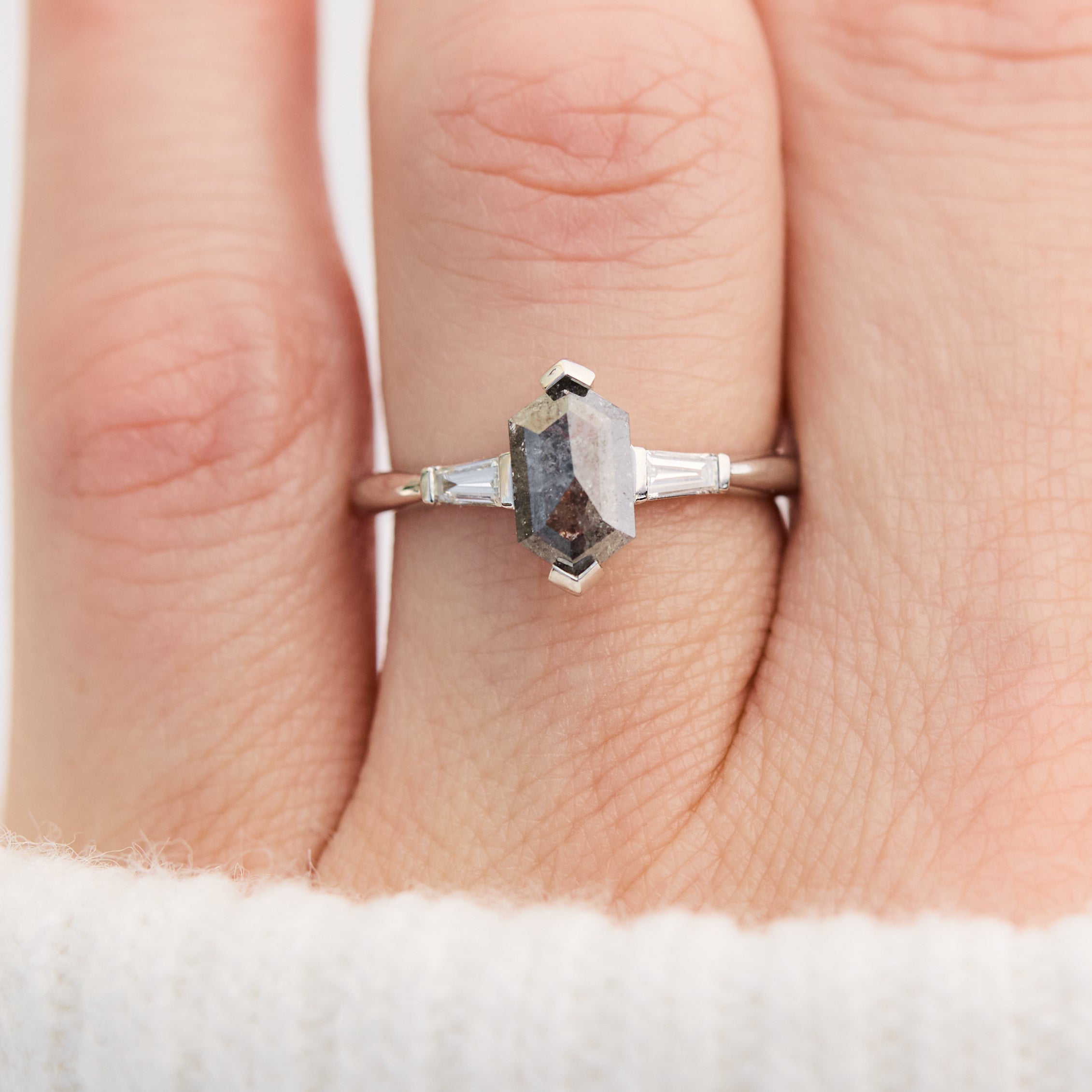 elongated hexagon salt and pepper diamond trilogy engagement ring