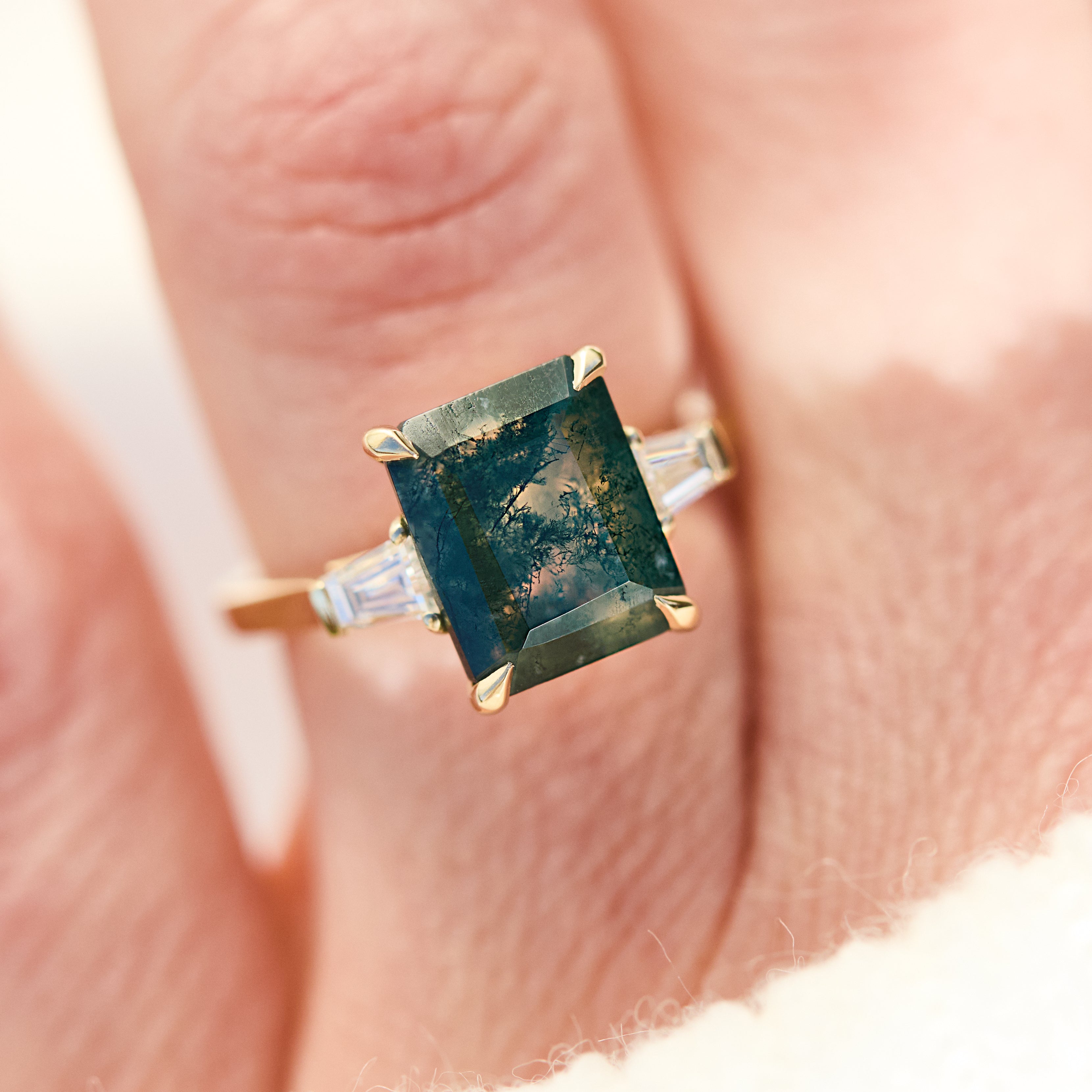 emerald cut moss agate ring