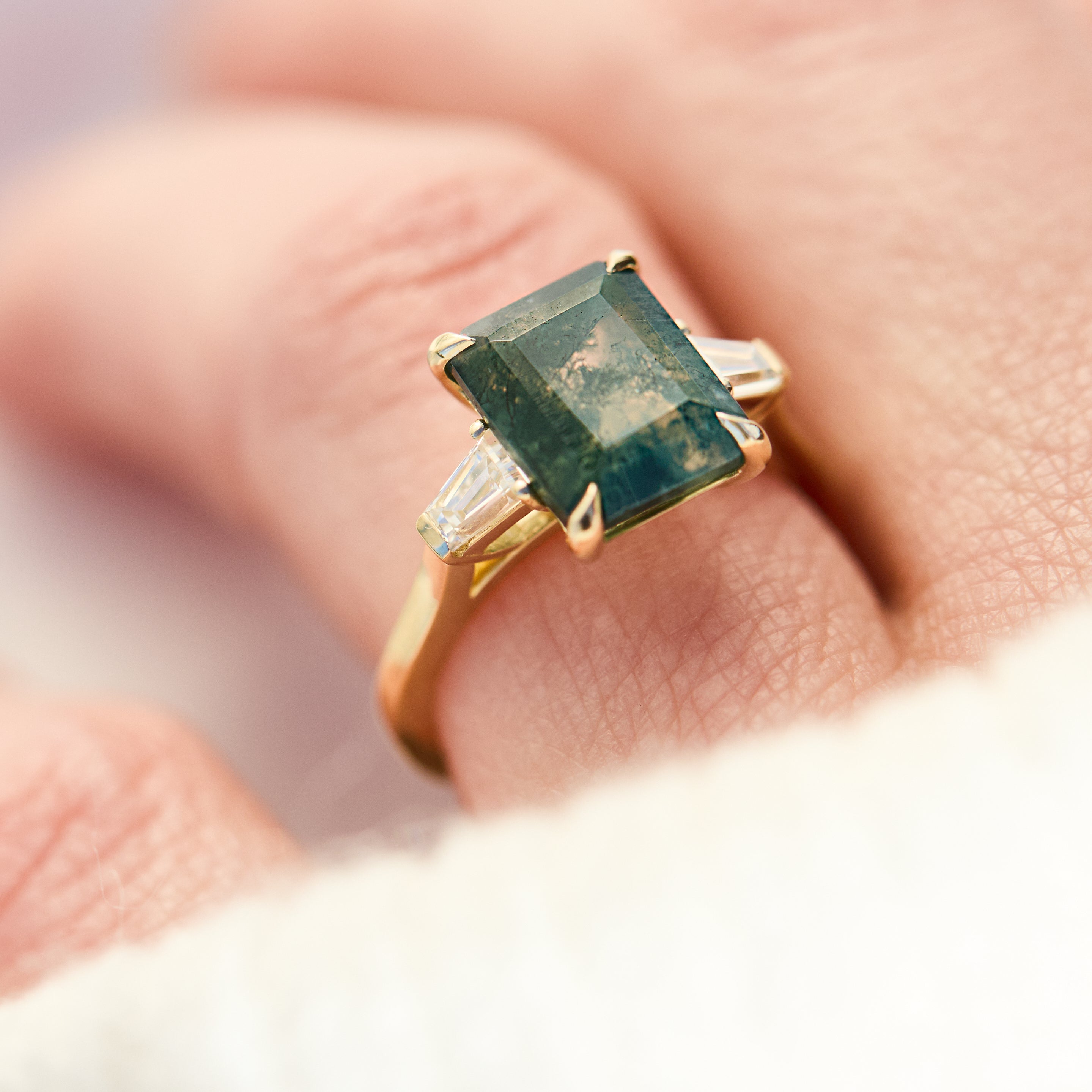 emerald cut moss agate ring