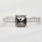 emerald cut salt and pepper diamond platinum engagement ring