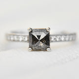 emerald cut salt and pepper diamond platinum engagement ring
