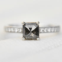 emerald cut salt and pepper diamond platinum engagement ring