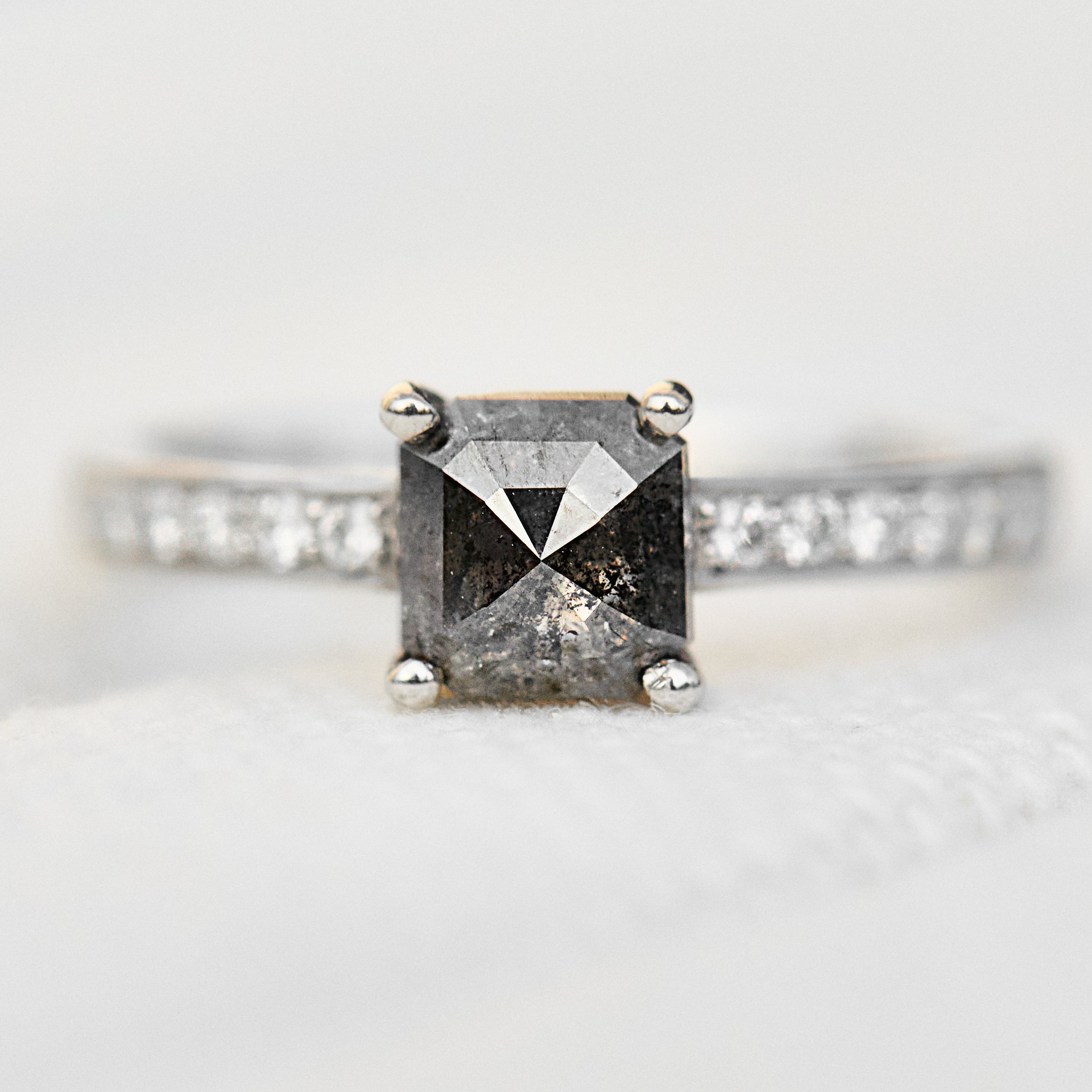 emerald cut salt and pepper diamond platinum engagement ring
