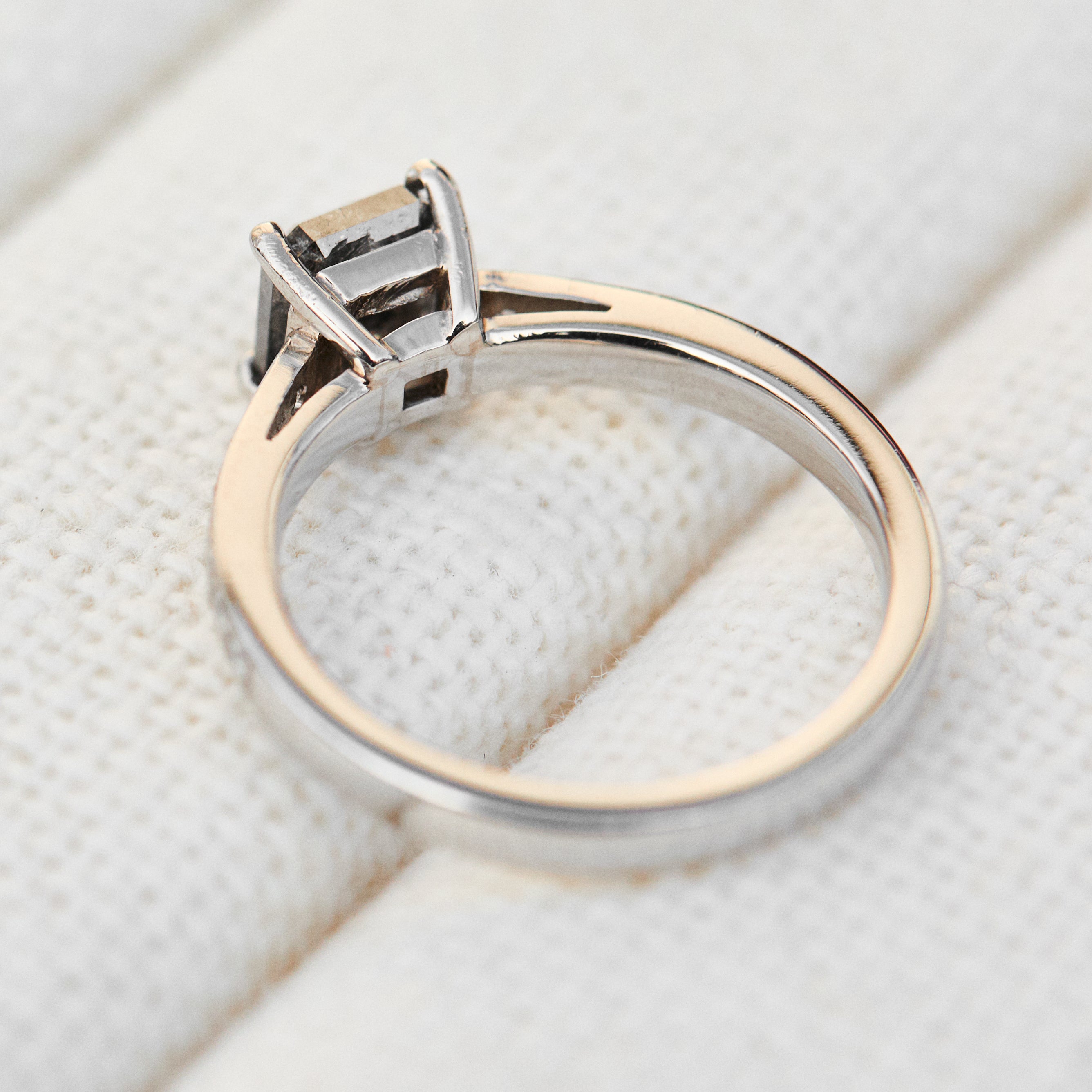 emerald cut salt and pepper diamond platinum engagement ring