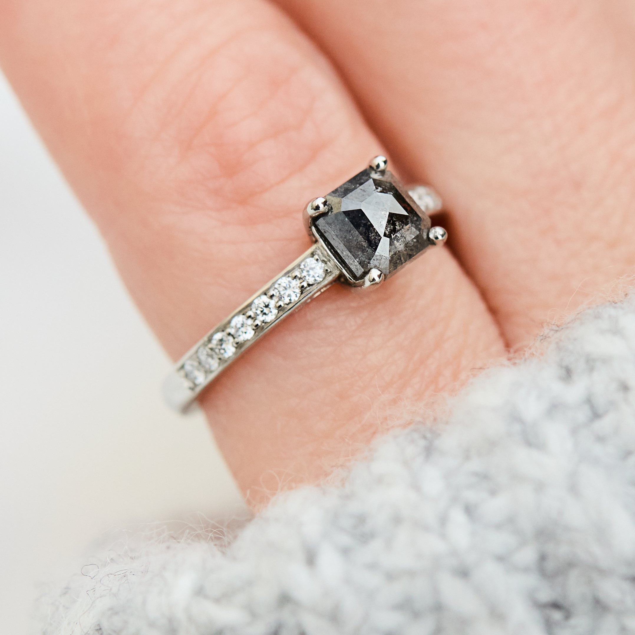 emerald cut salt and pepper diamond platinum engagement ring