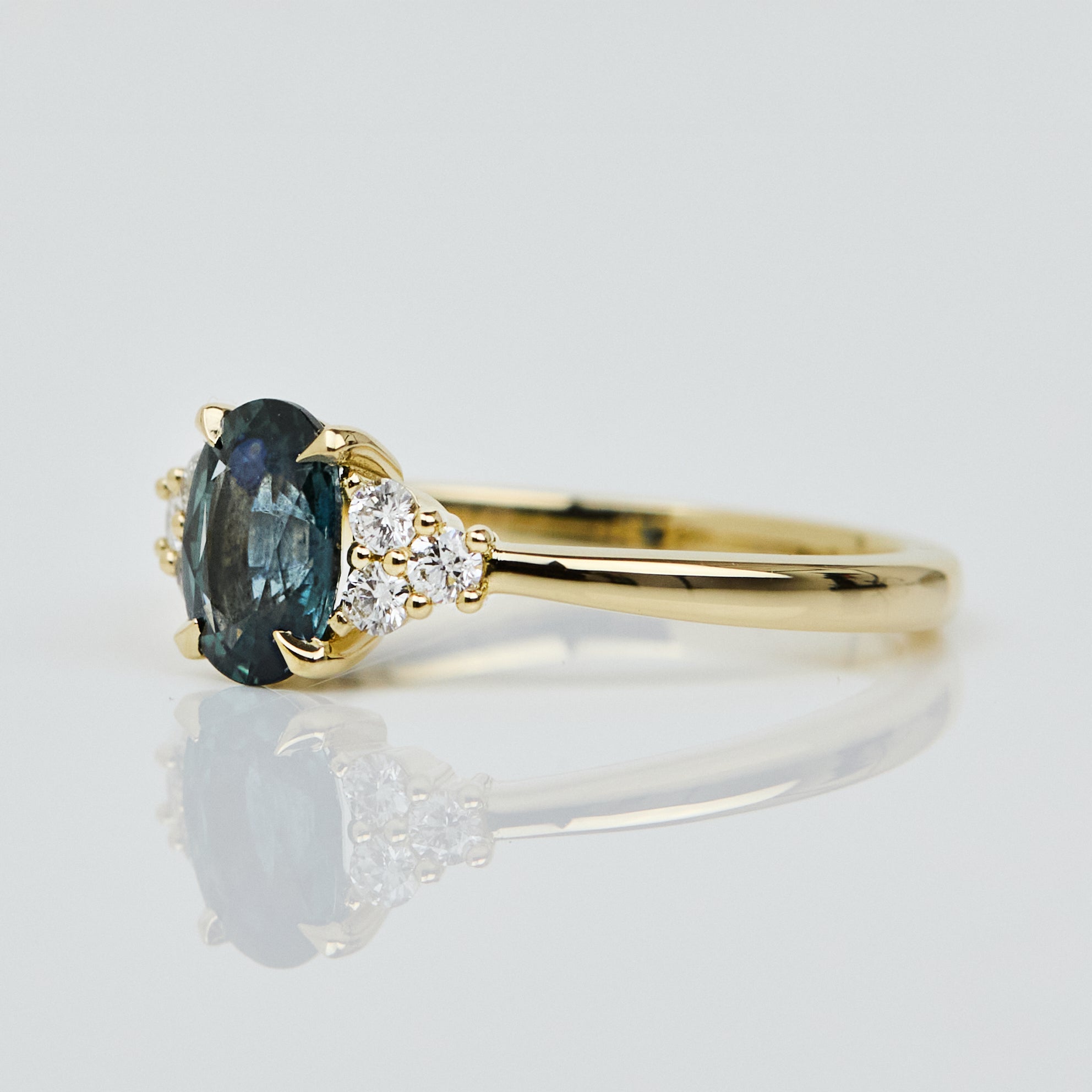 Oval Teal Sapphire Engagement Ring, One of a Kind, 18ct Yellow Gold