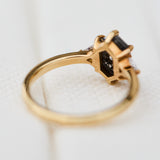 hexagon dark grey salt and pepper diamond trilogy engagement ring