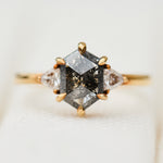hexagon dark grey salt and pepper diamond trilogy engagement ring