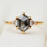 hexagon dark grey salt and pepper diamond trilogy engagement ring