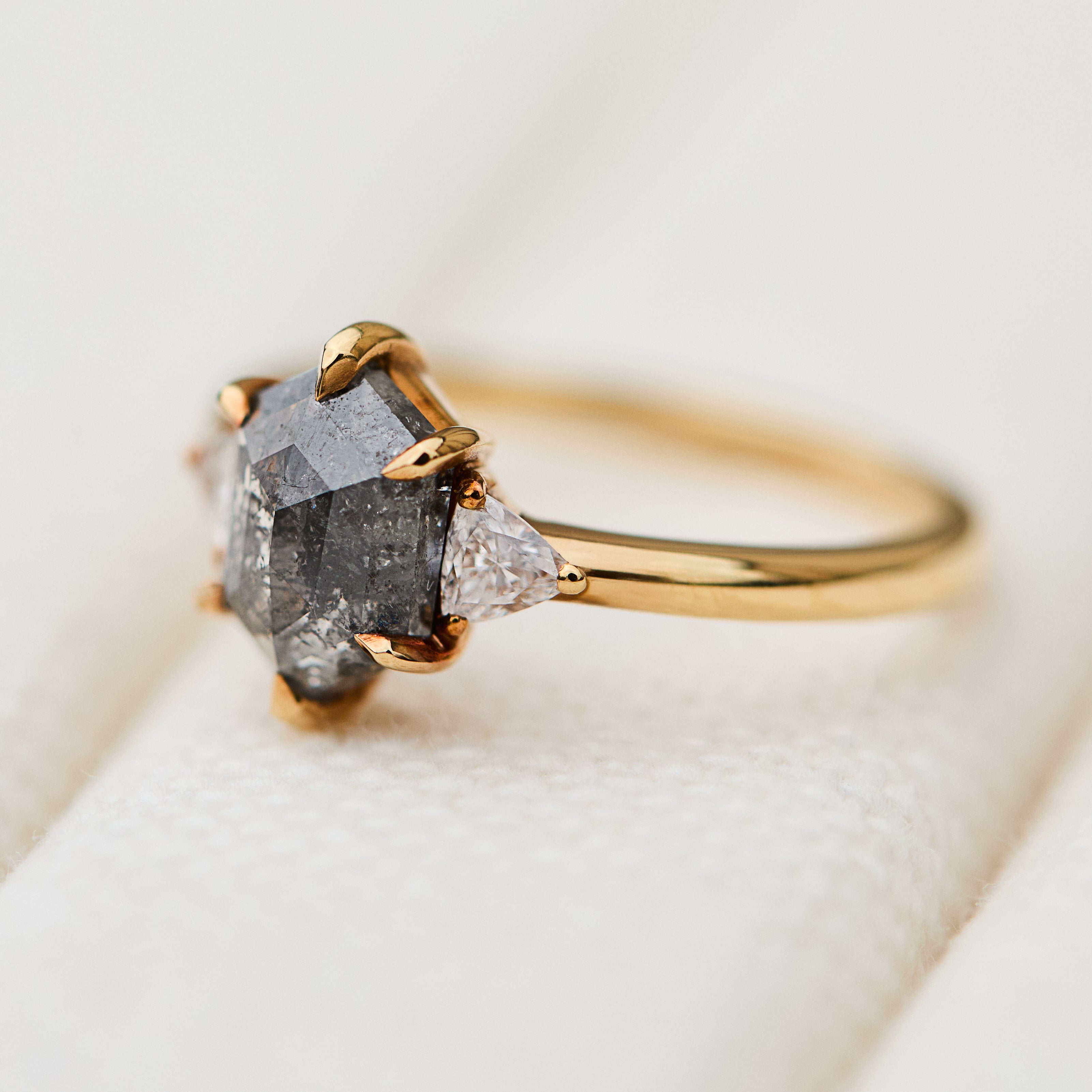 hexagon dark grey salt and pepper diamond trilogy engagement ring