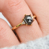 hexagon salt and pepper diamond trilogy engagement ring in yellow gold