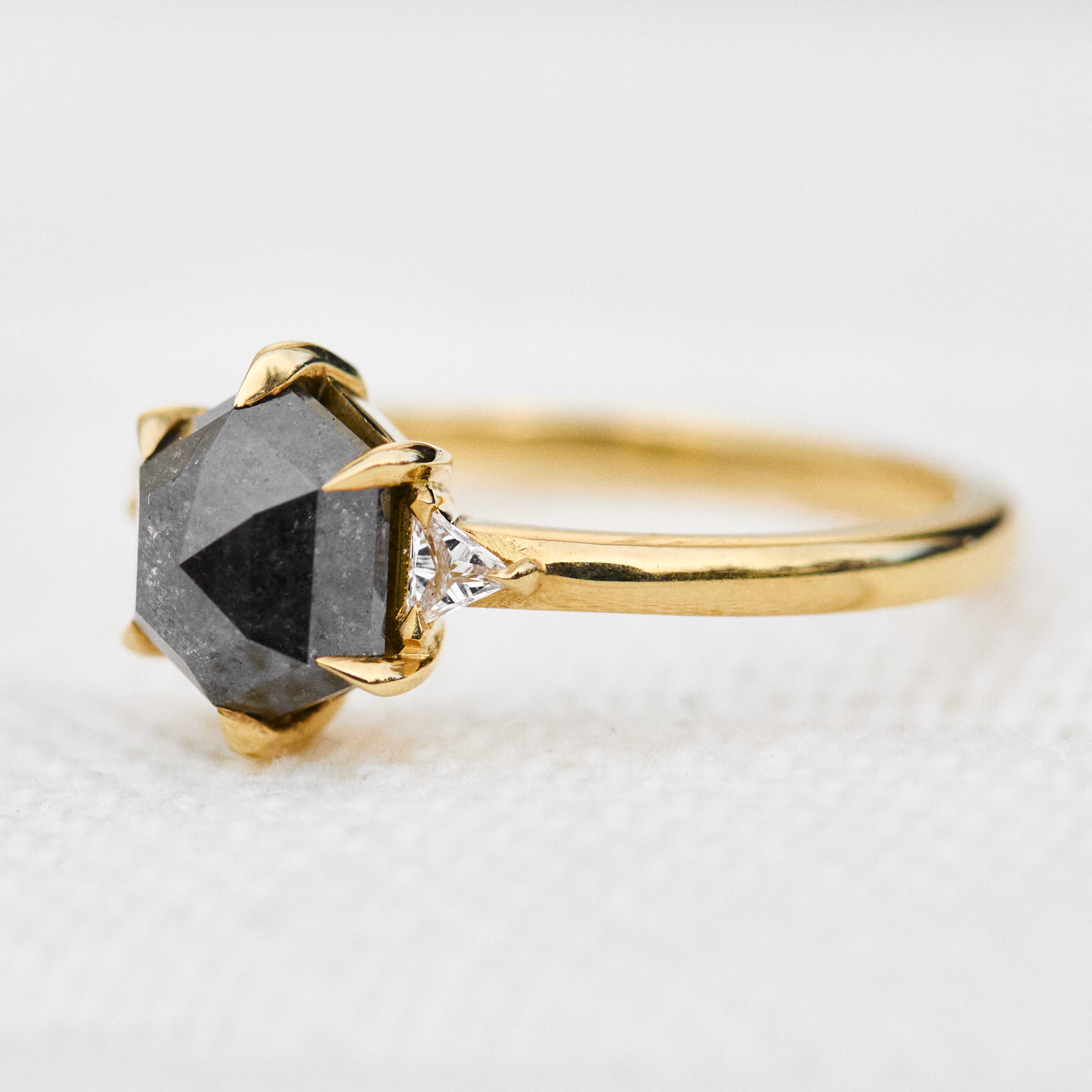 hexagon salt and pepper diamond trilogy engagement ring