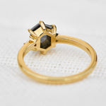 hexagon salt and pepper diamond trilogy engagement ring in yellow gold