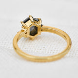 hexagon salt and pepper diamond trilogy engagement ring in yellow gold