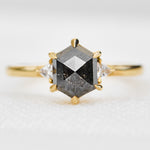 hexagon salt and pepper diamond trilogy engagement ring in yellow gold