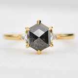 hexagon salt and pepper diamond trilogy engagement ring in yellow gold