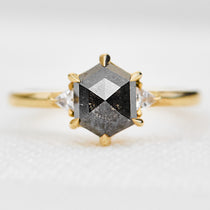 hexagon salt and pepper diamond trilogy engagement ring in yellow gold