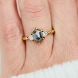 18ct yellow gold salt and pepper hexagon diamond engagement trilogy ring