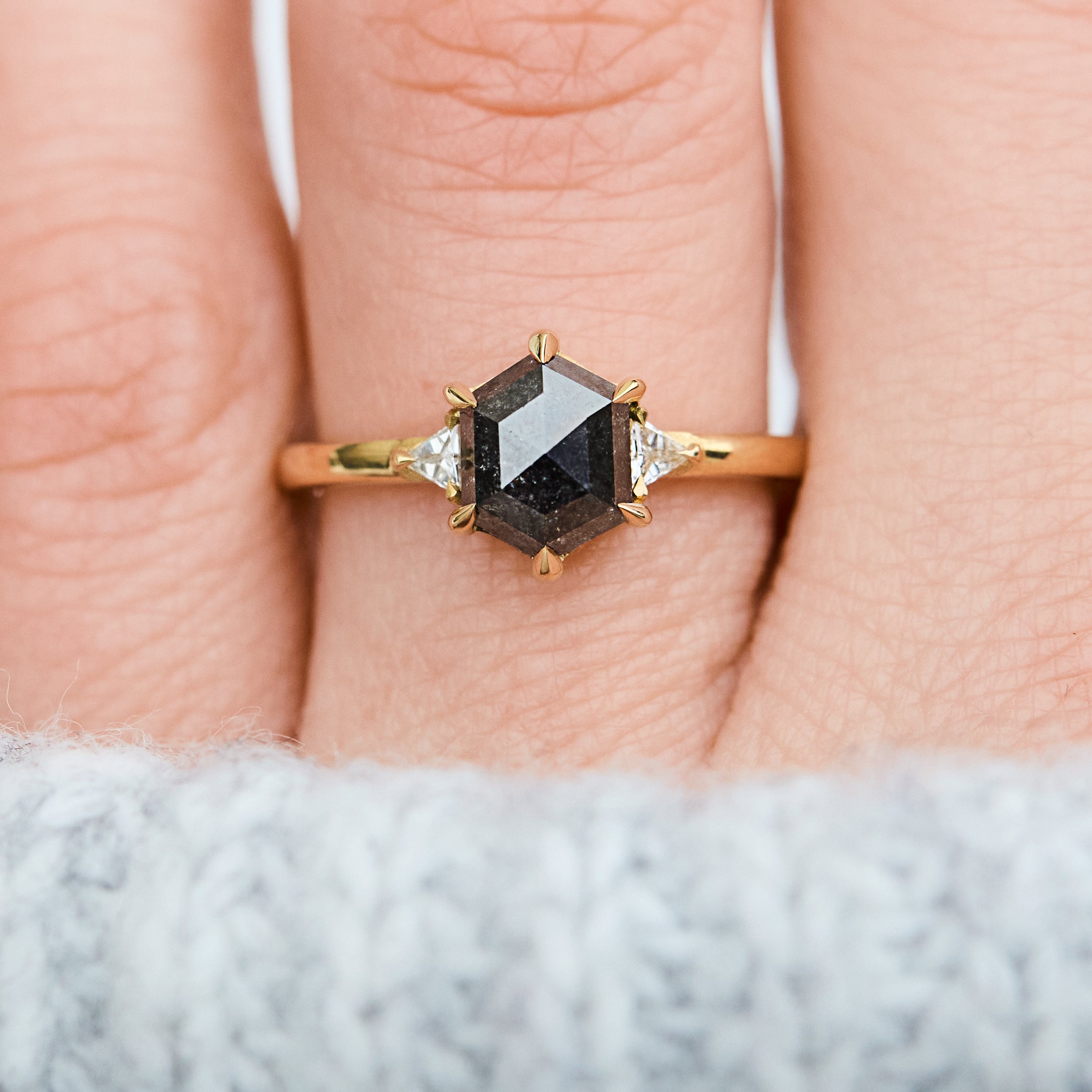 hexagon salt and pepper trilogy engagement ring in yellow gold