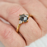 18ct yellow gold salt and pepper hexagon diamond engagement trilogy ring