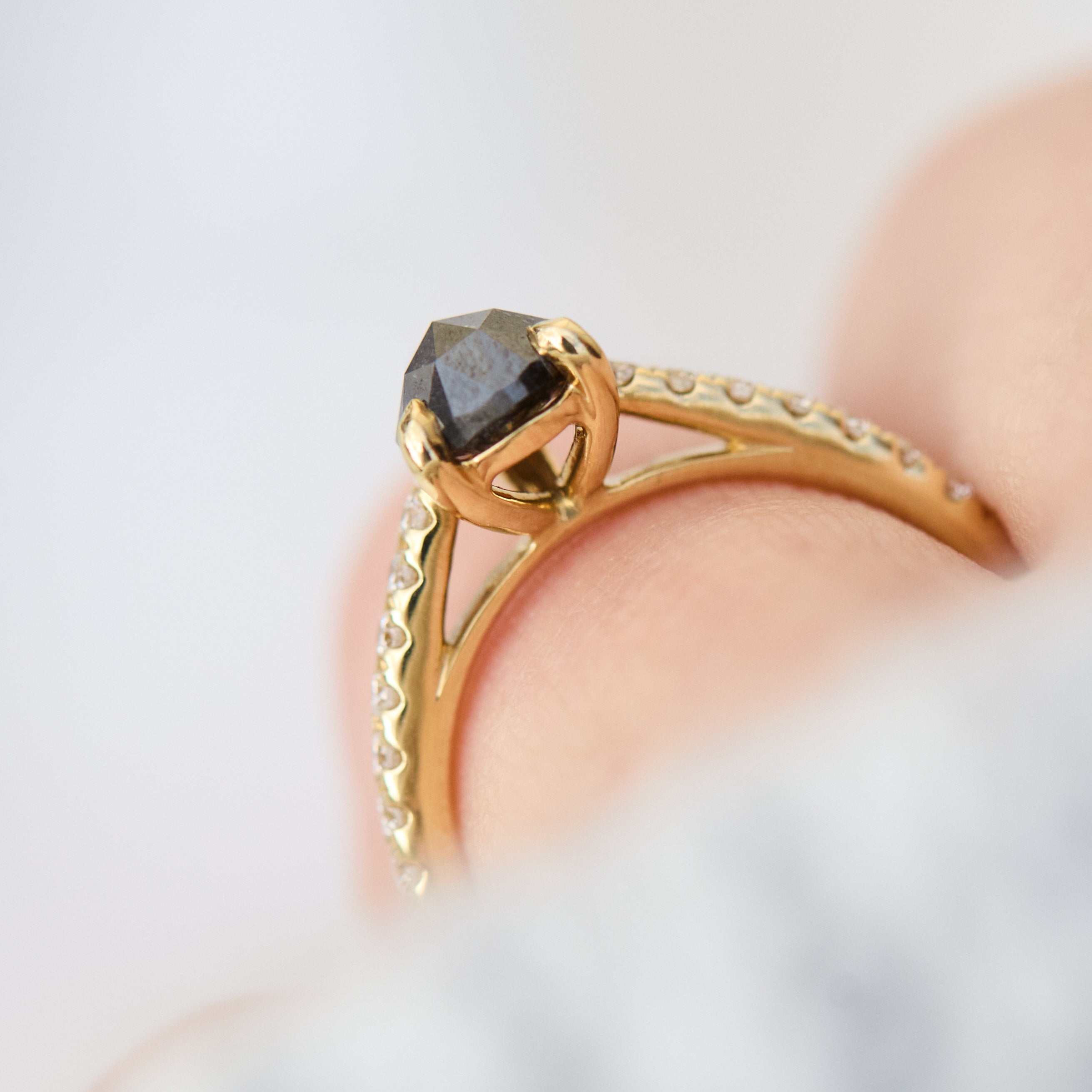 18ct yellow gold salt and pepper pear diamond engagement pavé ring