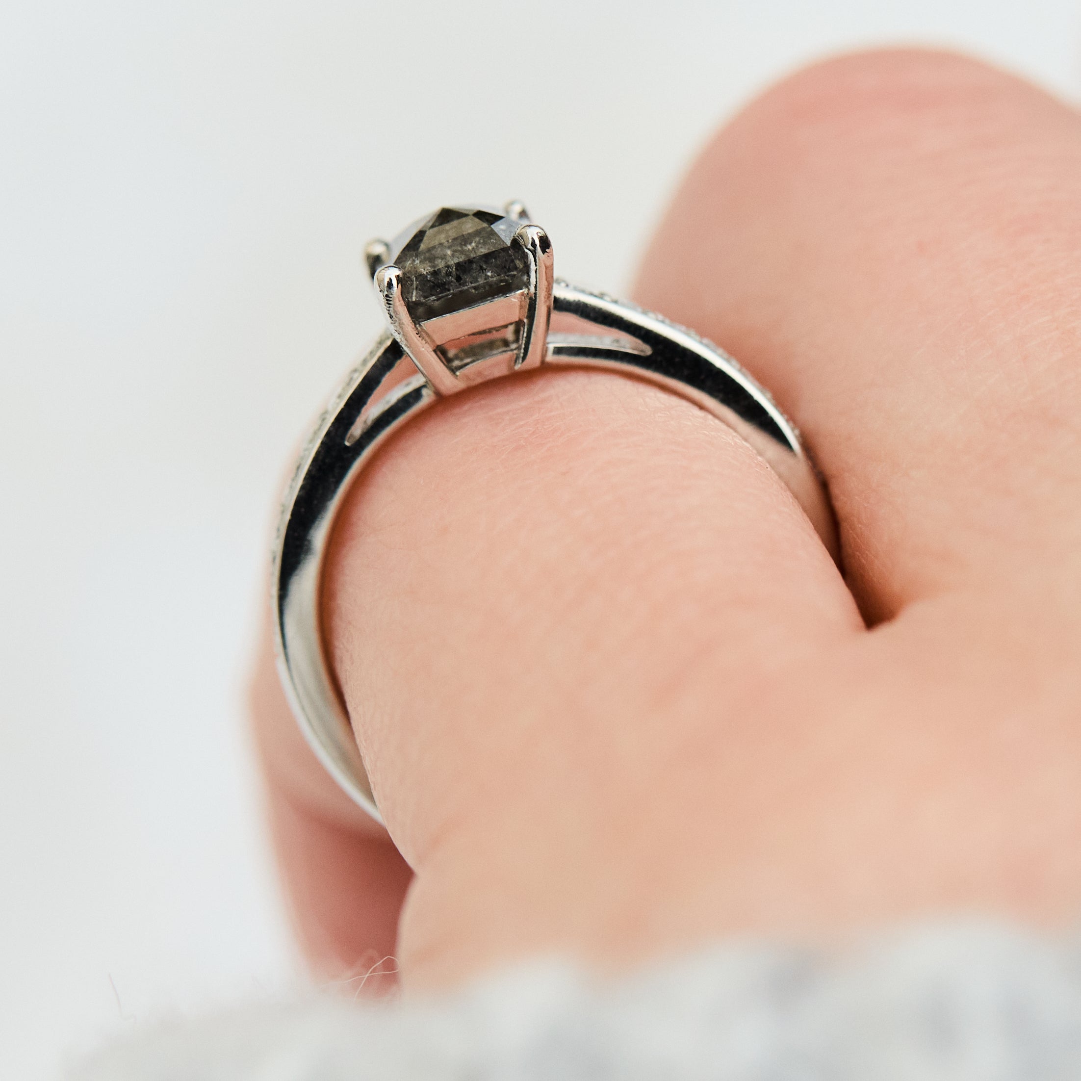 emerald cut salt and pepper diamond platinum engagement ring