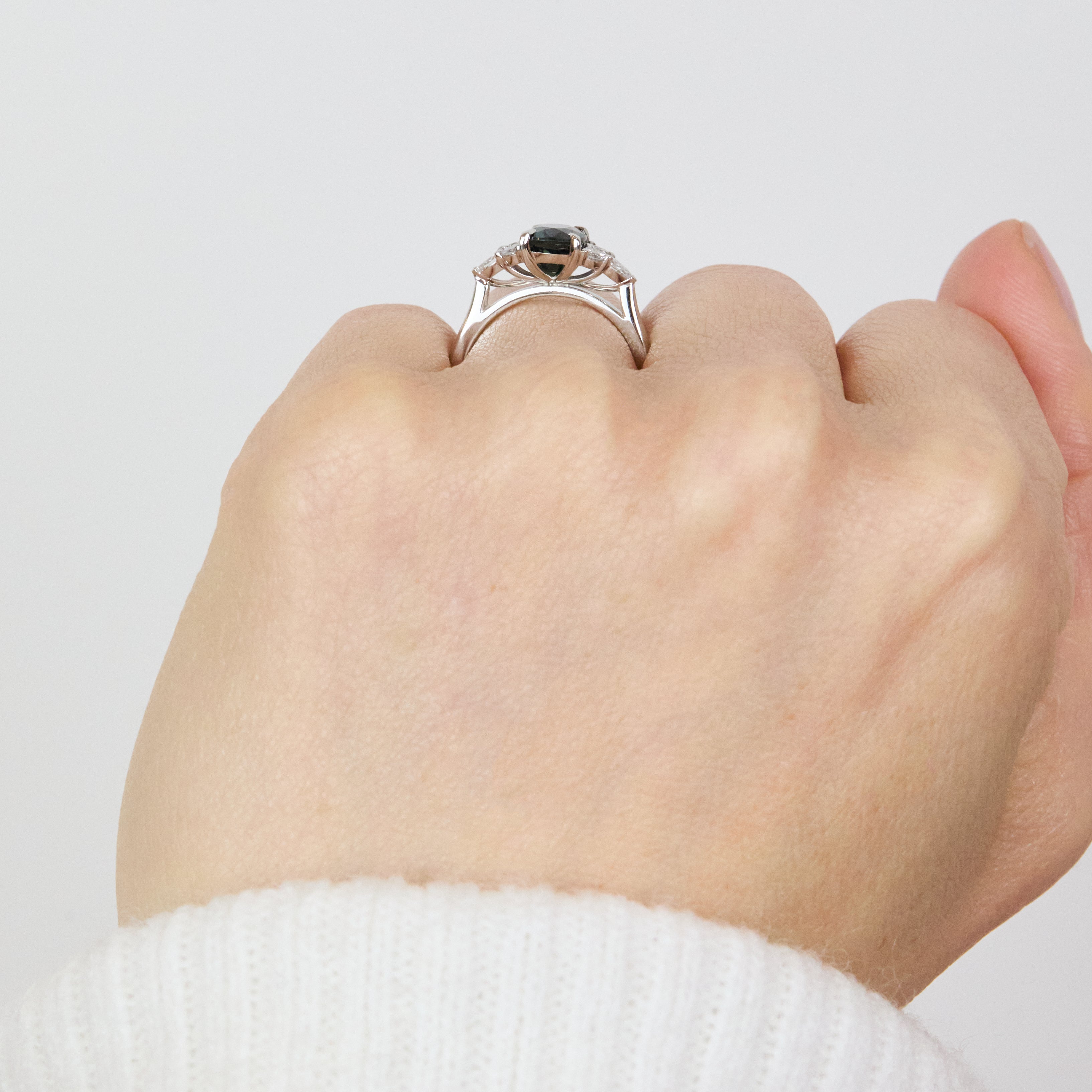 Teal Sapphire Engagement Ring, Iris Setting