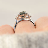 oval blue teal sapphire platinum trilogy engagement ring