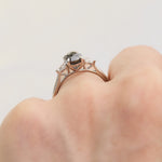 oval rose cut salt and pepper diamond trilogy engagement ring in platinum