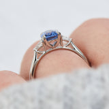 oval sri lankan blue sapphire trilogy platinum engagement ring