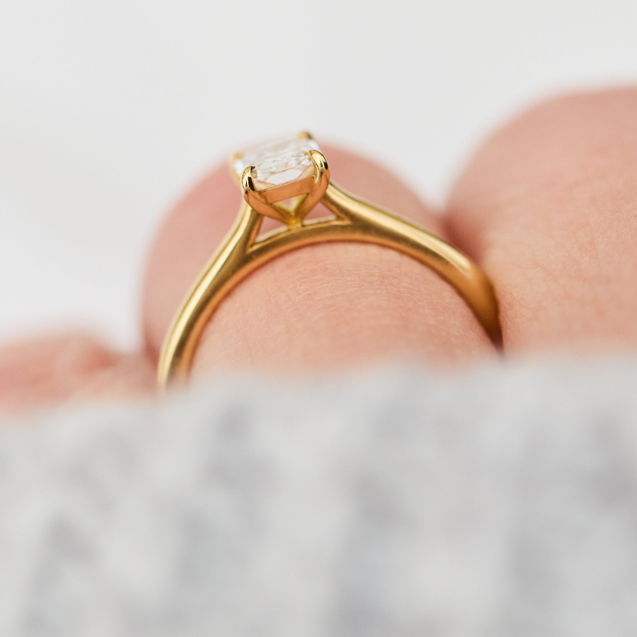 radiant cut lab grown diamond engagement solitaire ring in yellow gold