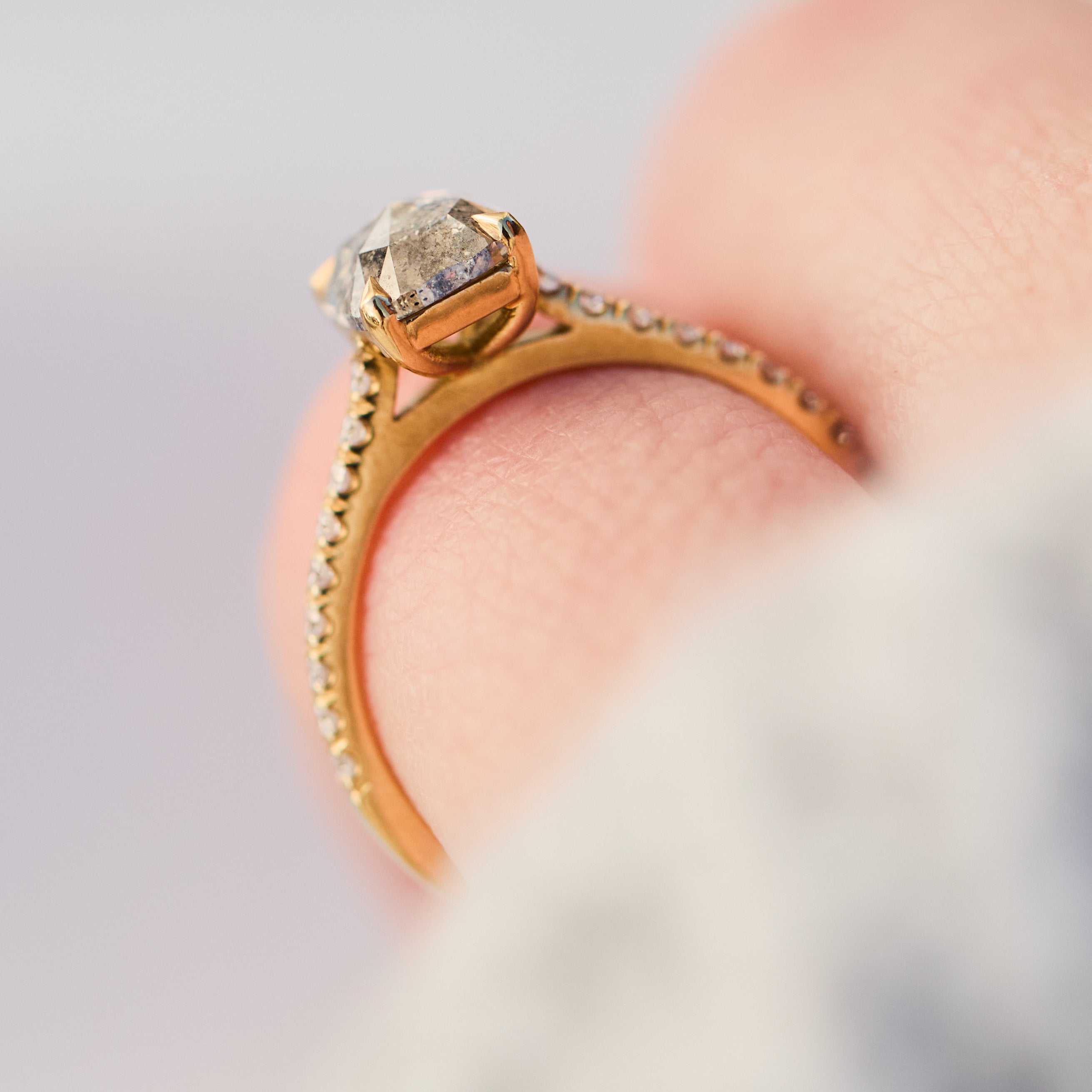 18ct yellow gold salt and pepper cushion cut diamond engagement pavé ring