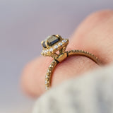 18ct yellow gold salt and pepper cushion cut diamond engagement halo ring