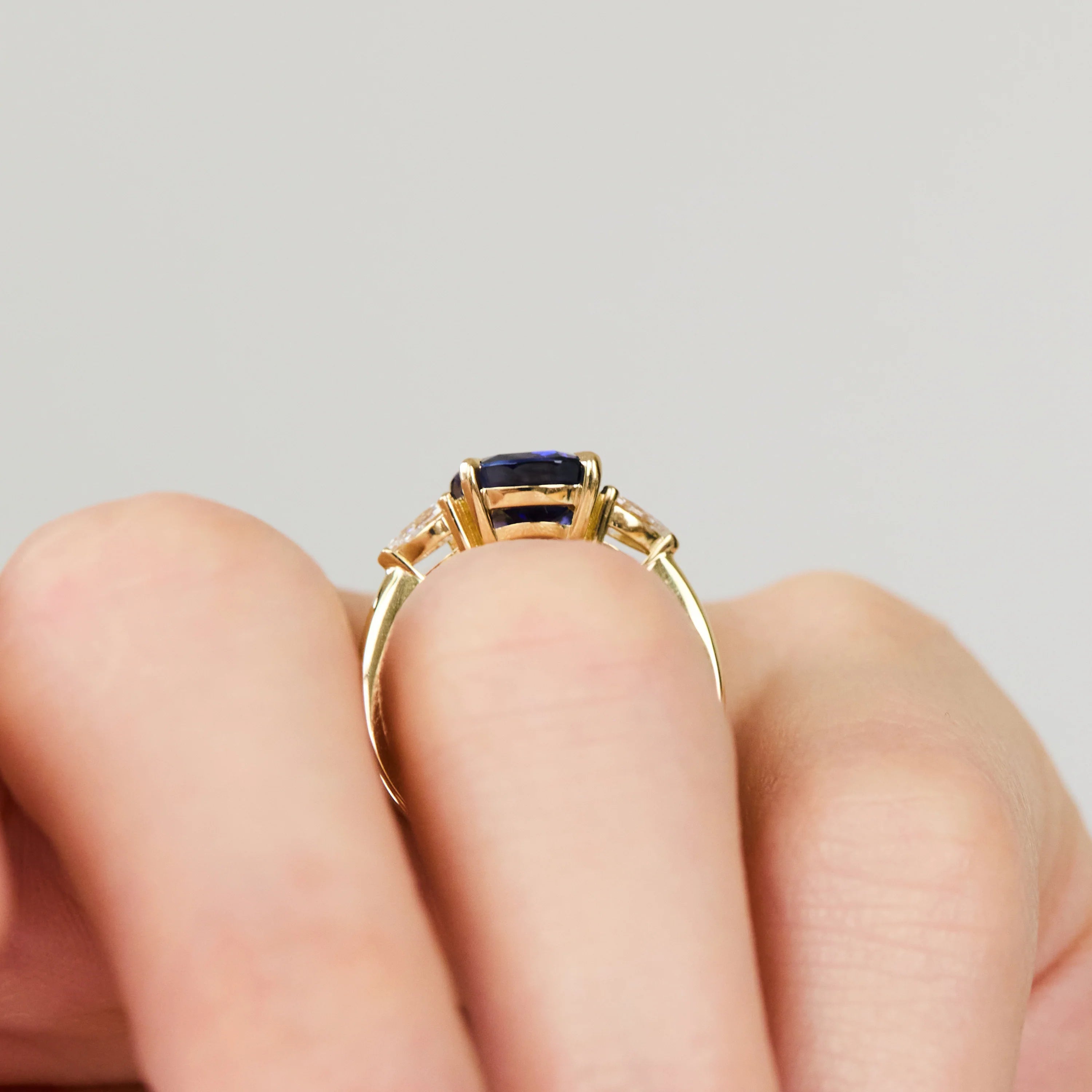 high set sri lankan sapphire diamond yellow gold engagement ring