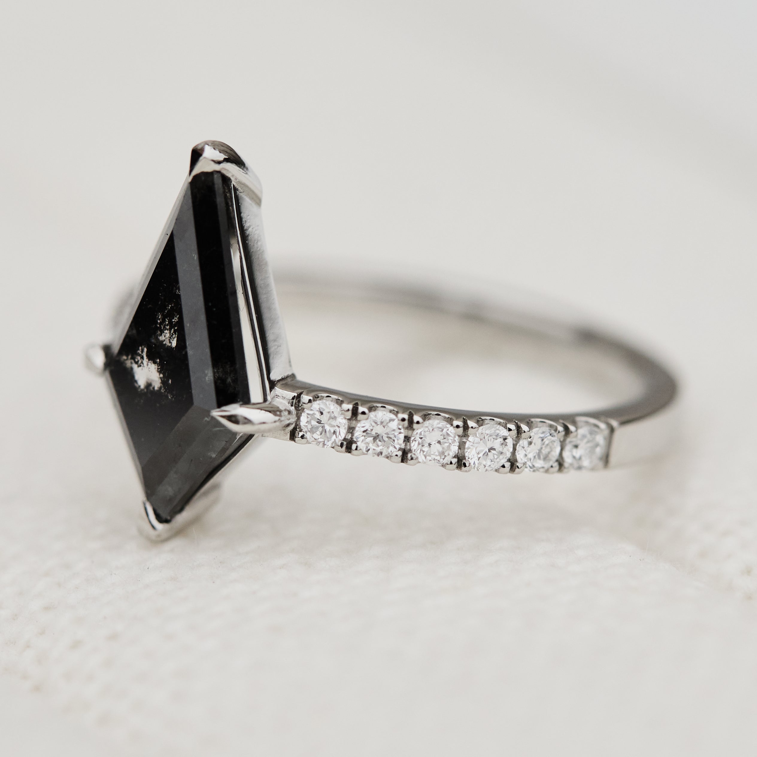 kite shape salt and pepper diamond pave band engagement ring in platinum